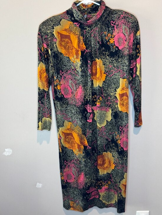 Lona Dresses & Skirts - Vintage Womens M Lona Floral Mock Neck Midi Dress Silk Blend USA 90s Artsy